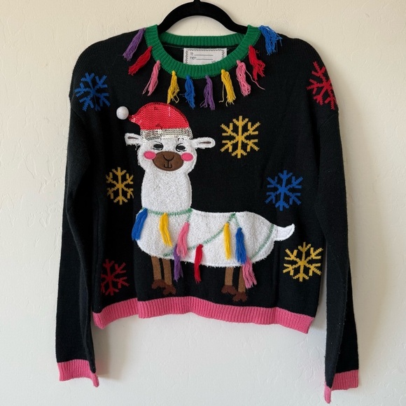 Festive Sequin Llama Tassel Snowflake Ugly Christmas Cropped Sweater Medium - Picture 1 of 4